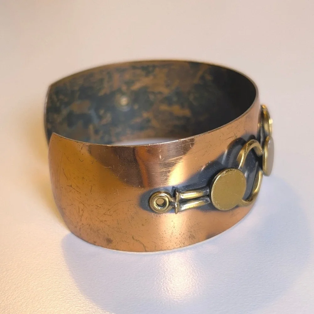 Vintage Genuine Copper Cuff Bracelet Brass Geometric Mixed Metal Wide Chunky